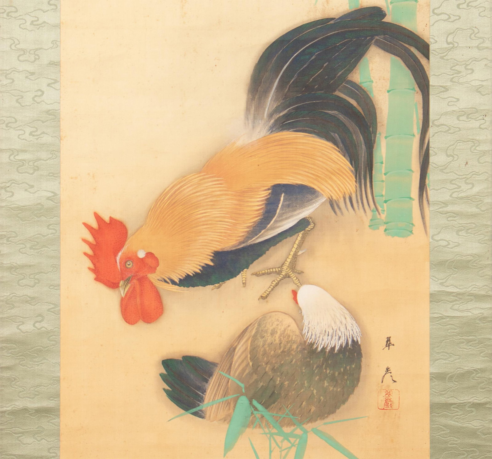 Meiji to Showa Era Japanese Painted Scroll "Bamboo and Rooster" - 4