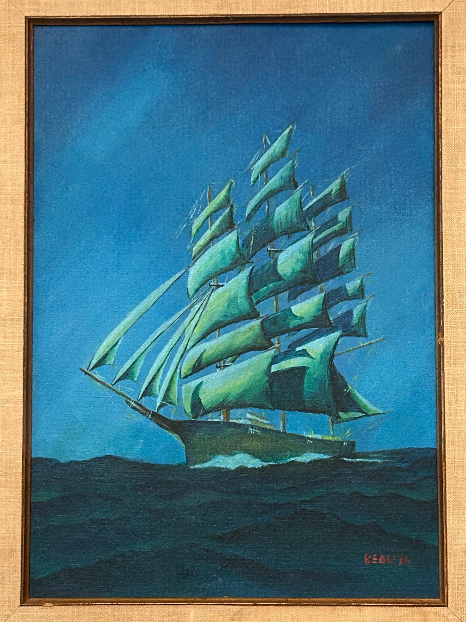 Vintage Nautical Original Oil Painting on Canvas Board, Signed Beal, 1974, Gold Frame - 7