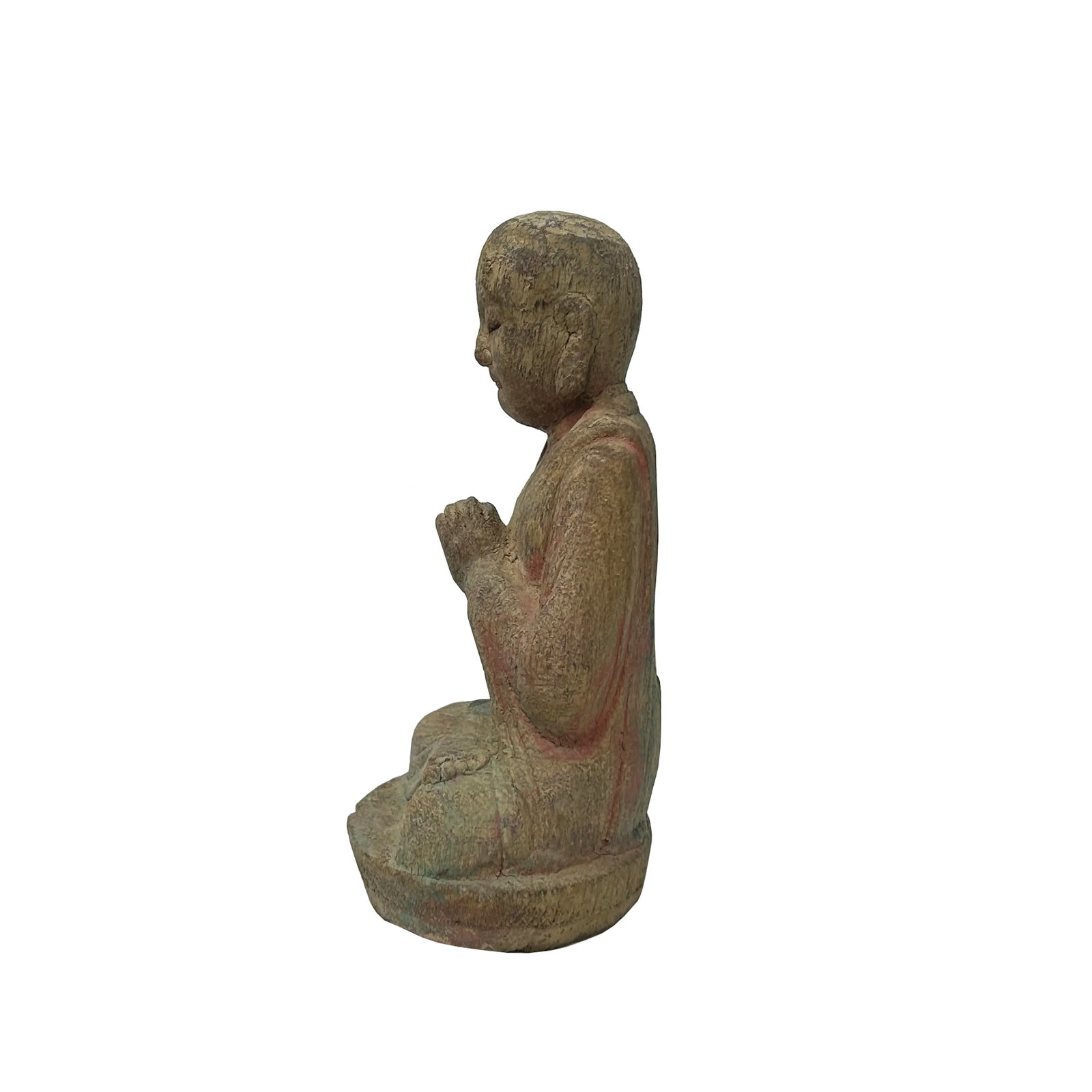 Fade Color Rustic Wood Sitting Monk Lohan Statue - 2