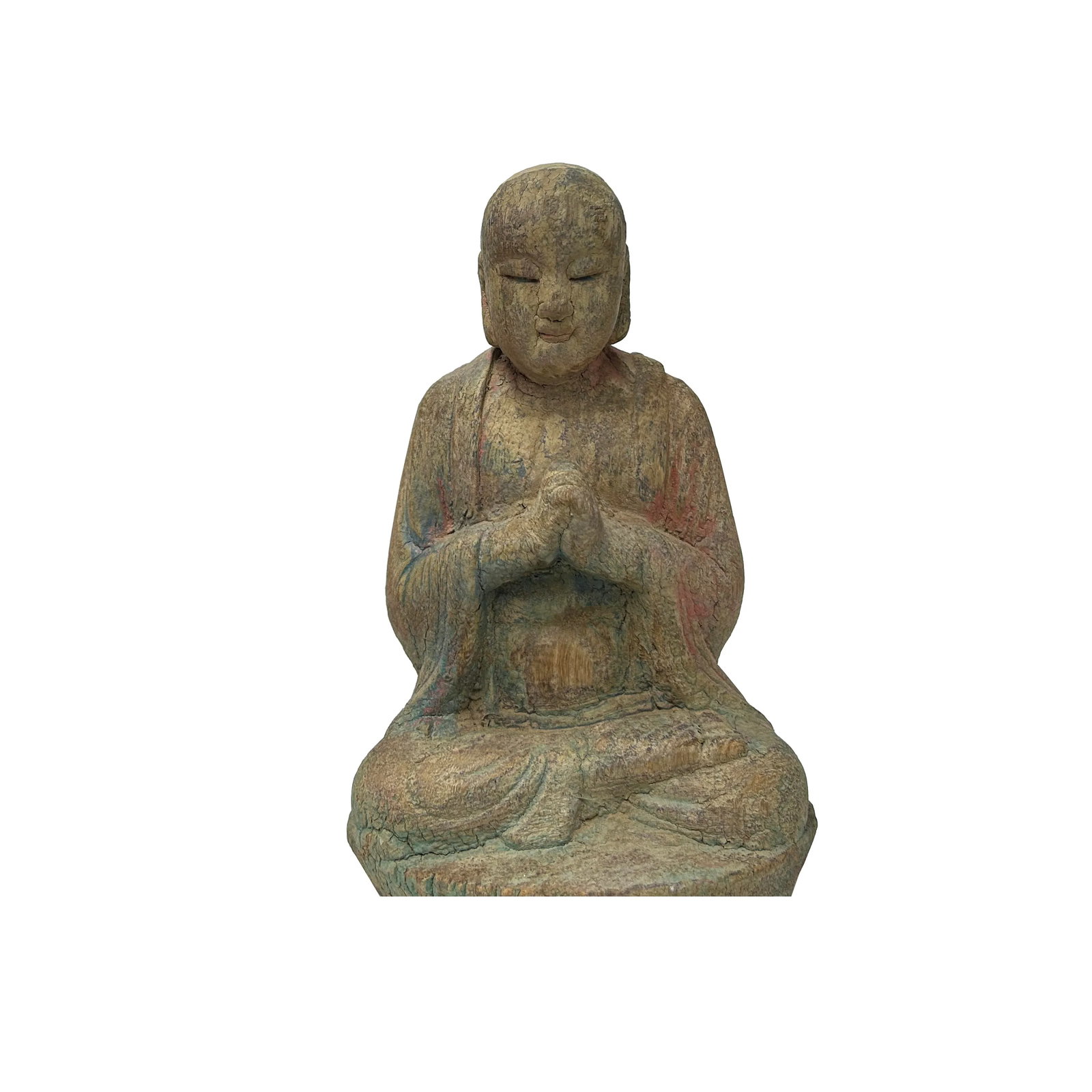 Fade Color Rustic Wood Sitting Monk Lohan Statue - 5