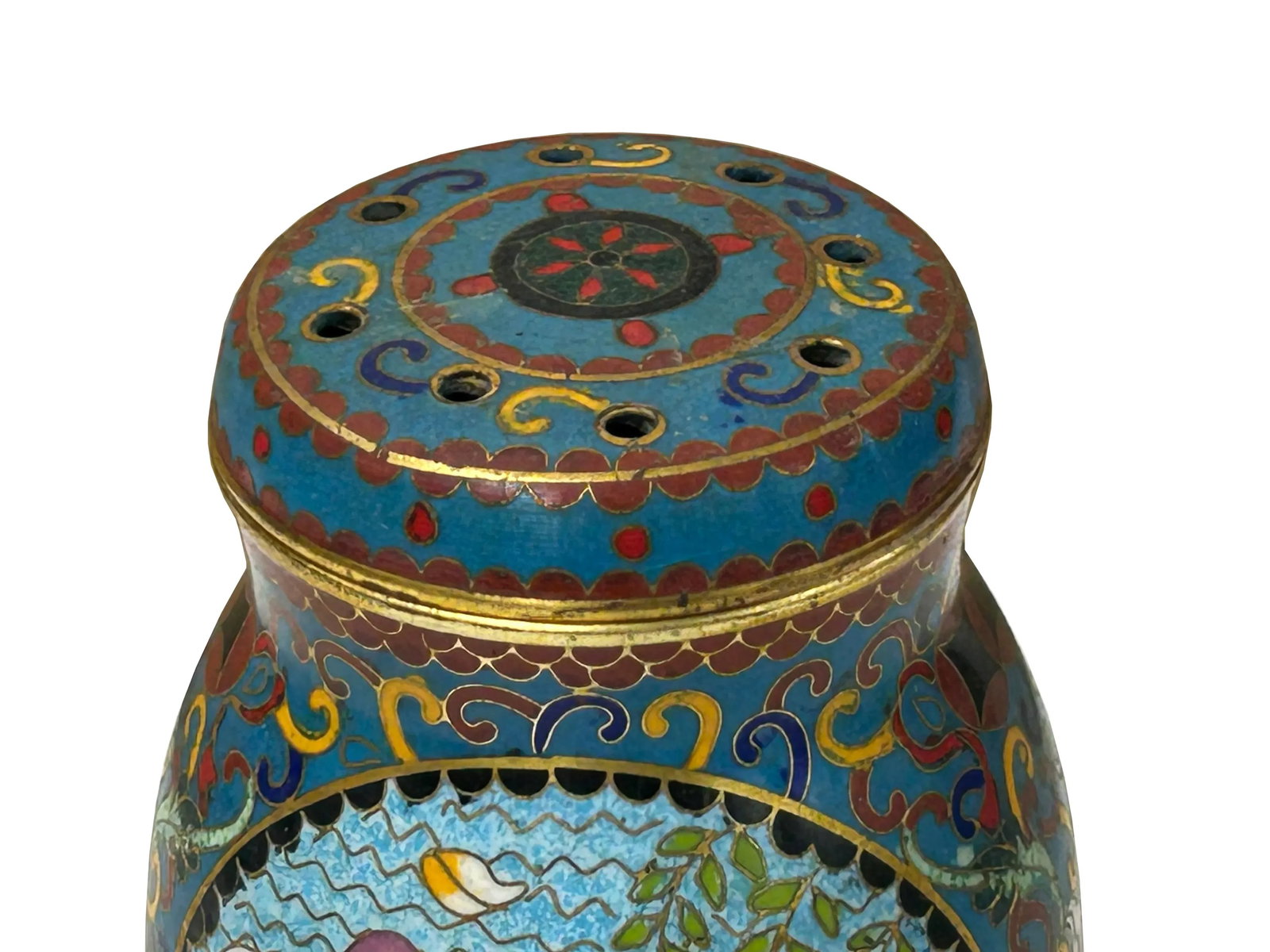 Teal Turquoise Metal Cloisonné Birds Flower Enamel Round Box Jar - 2