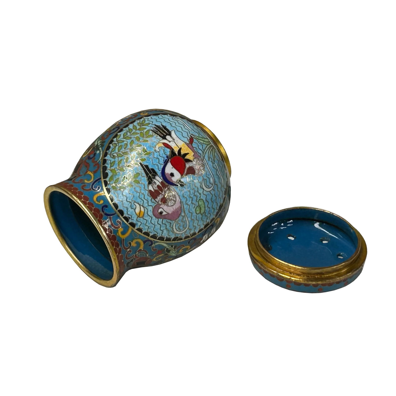 Teal Turquoise Metal Cloisonné Birds Flower Enamel Round Box Jar - 5