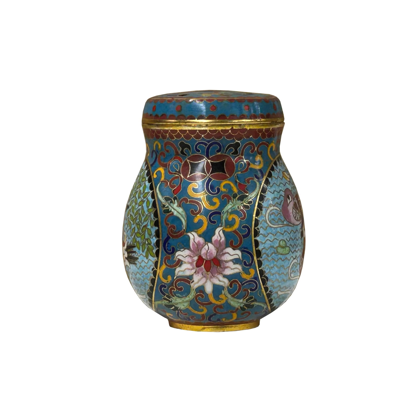 Teal Turquoise Metal Cloisonné Birds Flower Enamel Round Box Jar - 6