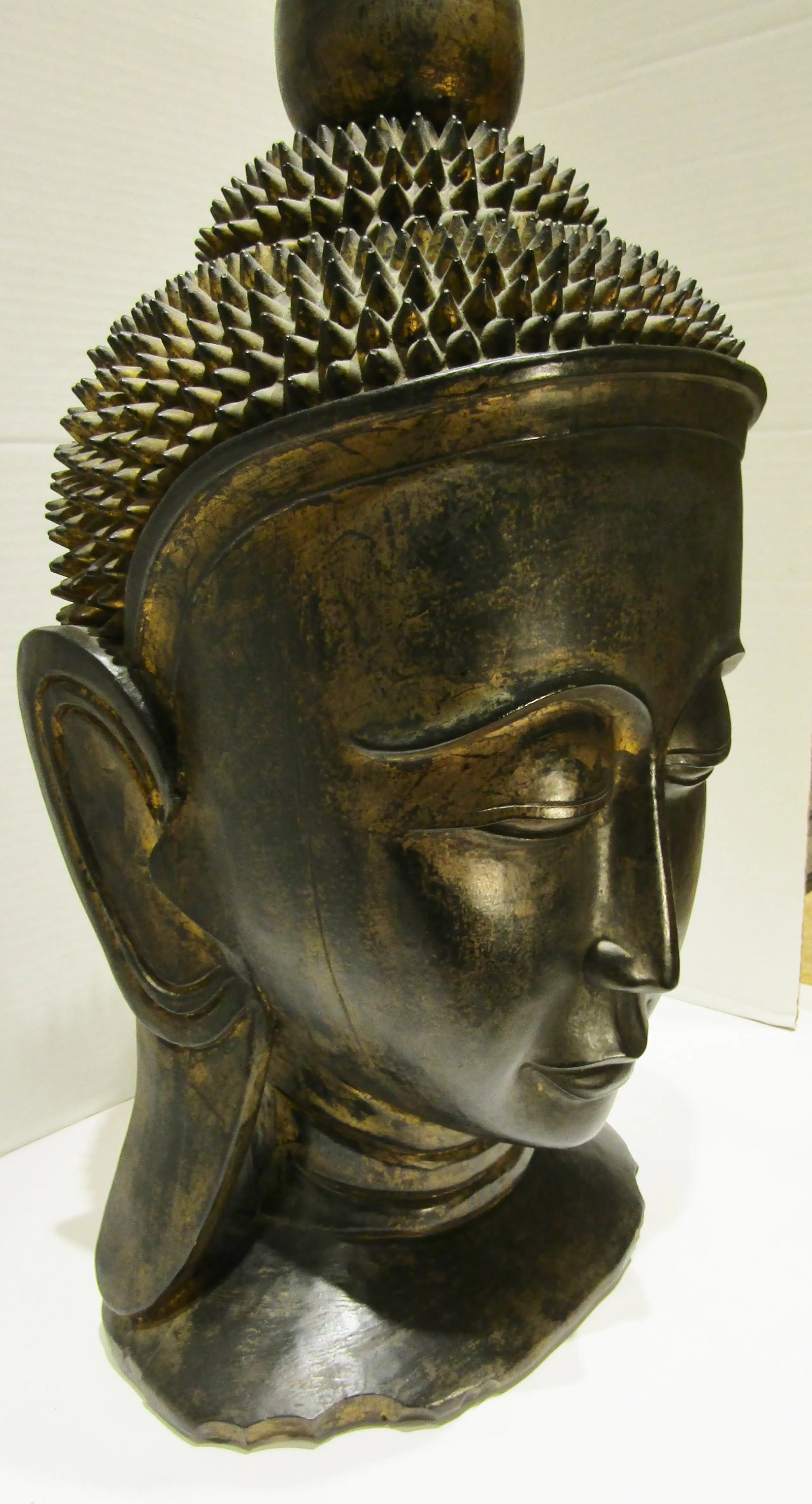 1920s Large Antique Hand Carved Solid Lacquered Wood Burmese Buddha Bust Head - 5