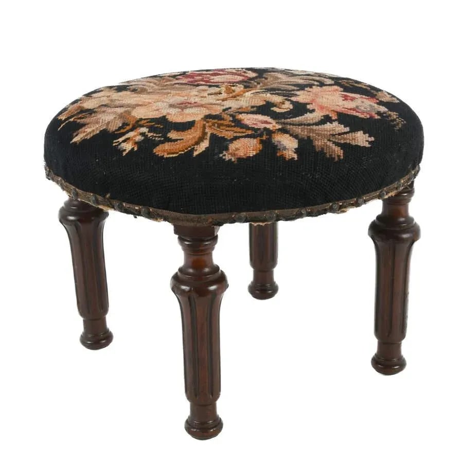 Antique 20th Century Floral Needlework Footstool - 2