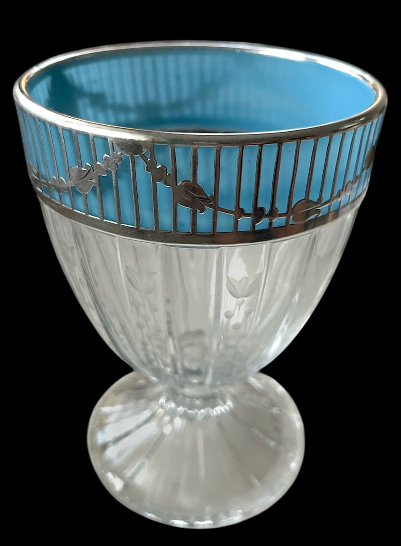 Antique Heisey Glass Footed Vase With Silver Overlay & Tiffany Blue Opaline Interior Rim – - 2