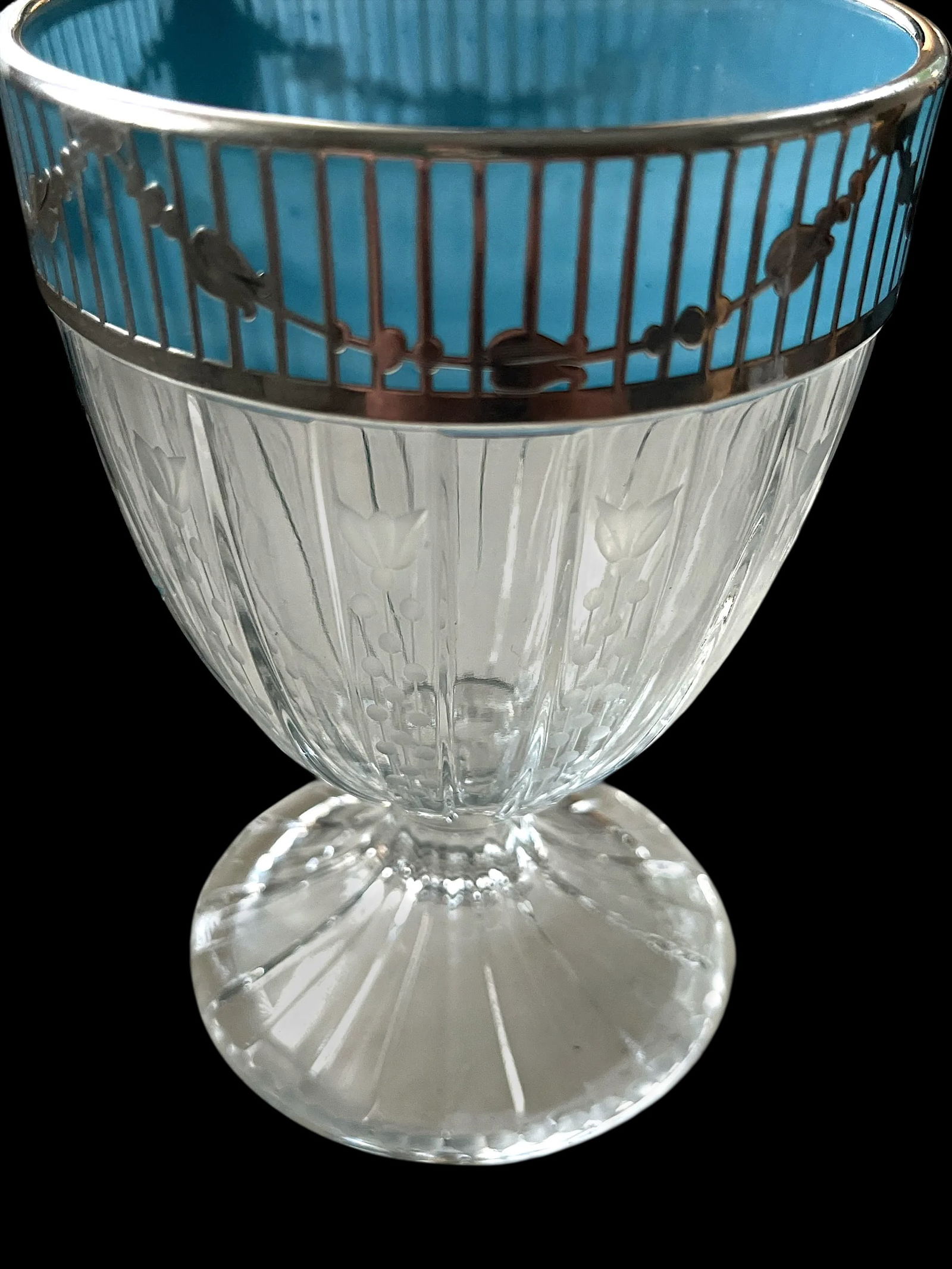 Antique Heisey Glass Footed Vase With Silver Overlay & Tiffany Blue Opaline Interior Rim – - 3