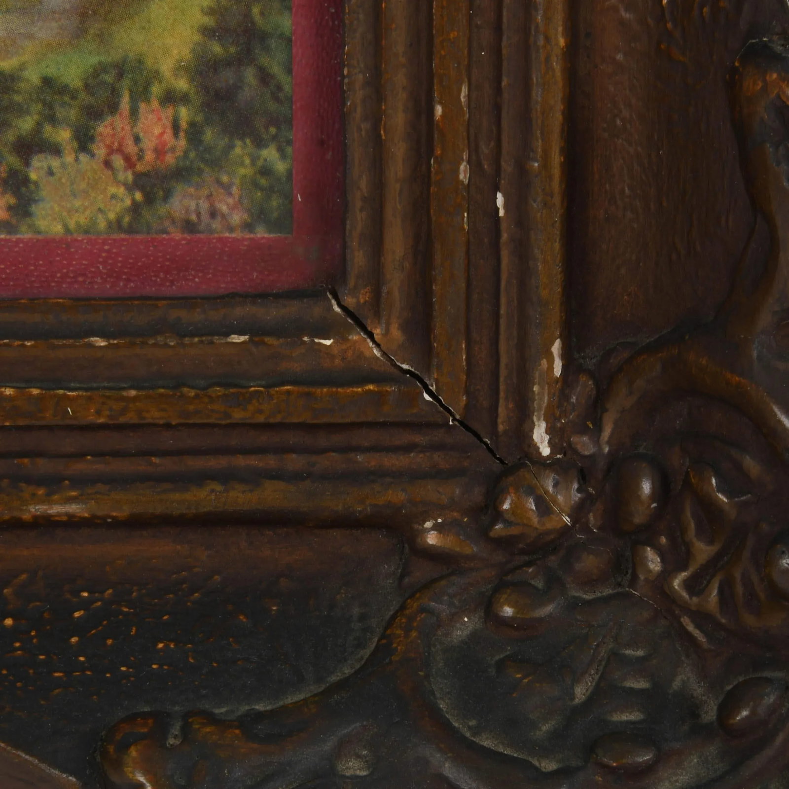 Victorian Ornate Walnut Frame and Print With Leather Banding - 4