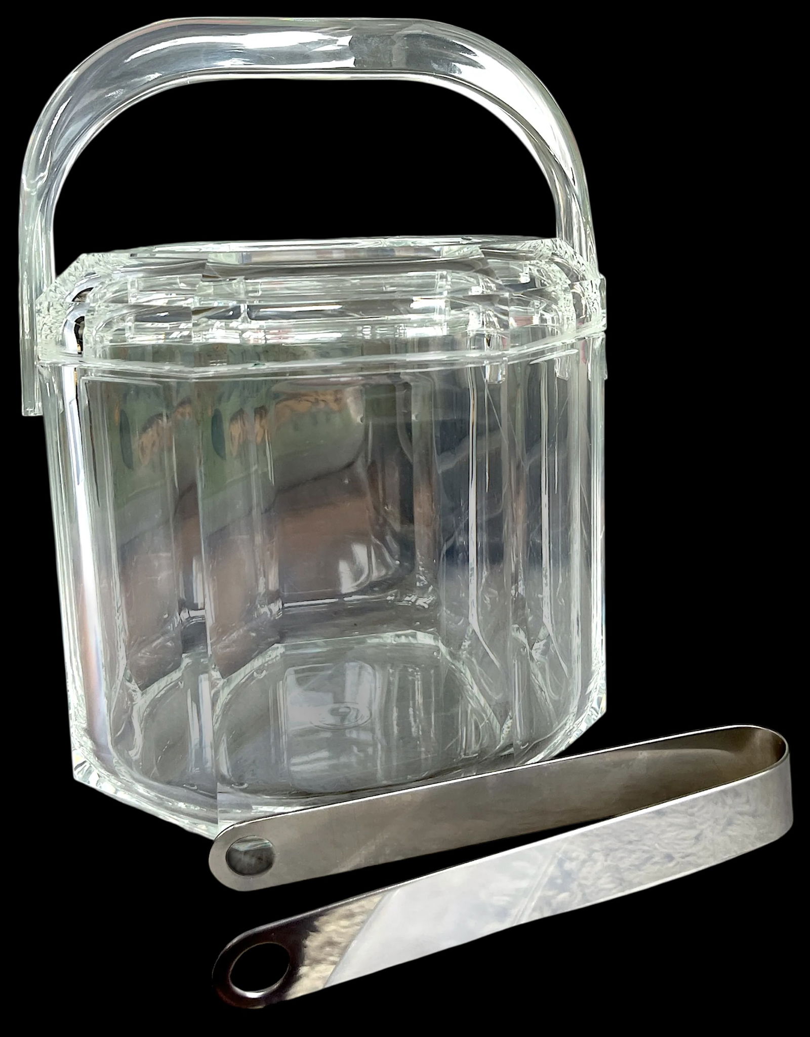 1980s Mid-Century Lucite Ice Bucket With Stainless Steel Tongs - 2
