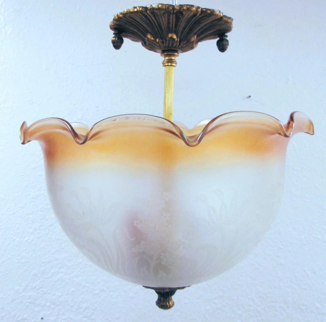 Antique Brass Acorn Floral Design Ceiling Pendant With Amber Clear Frosted Shade - 2