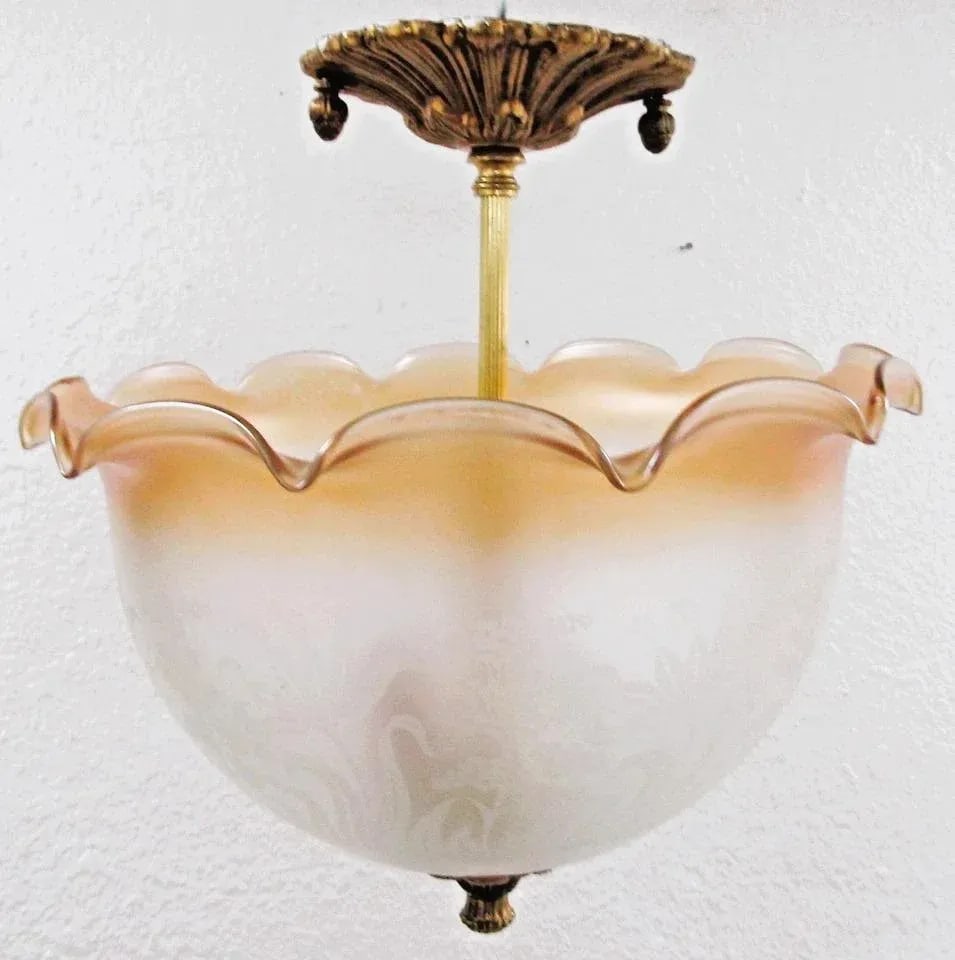 Antique Brass Acorn Floral Design Ceiling Pendant With Amber Clear Frosted Shade - 5