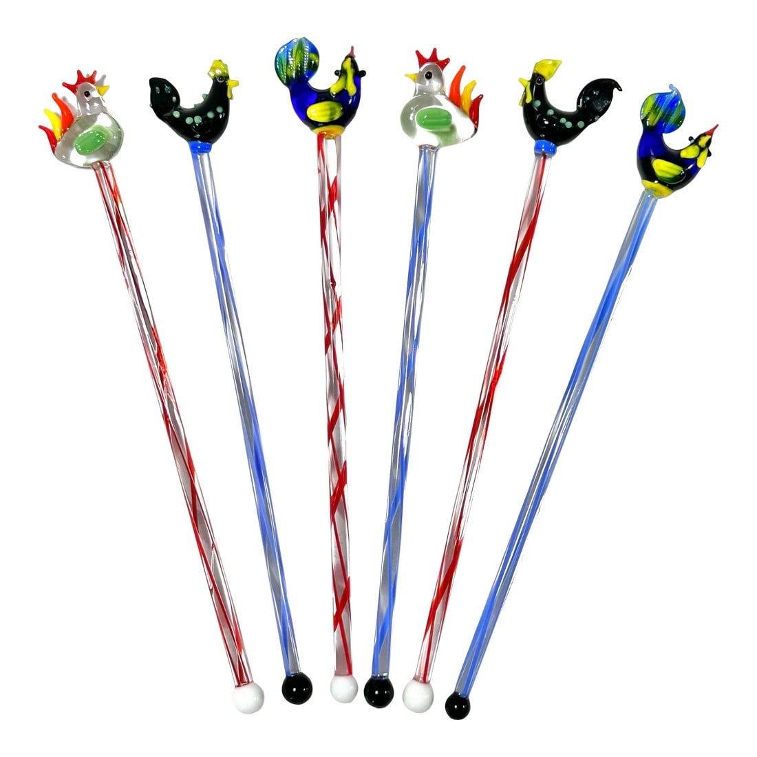 1990s Hand-Blown Glass Cocktail Swizzle Stir Sicks Chicken Rooster Lamp Work Details - A Set of 6: A whimsical set of hand blown glass stir sticks with lamp-work glass detailing. Dimensions 7.75" long 1" wide .5" deep Condition: Alterations: Original Condition Unaltered Imperfections: Some