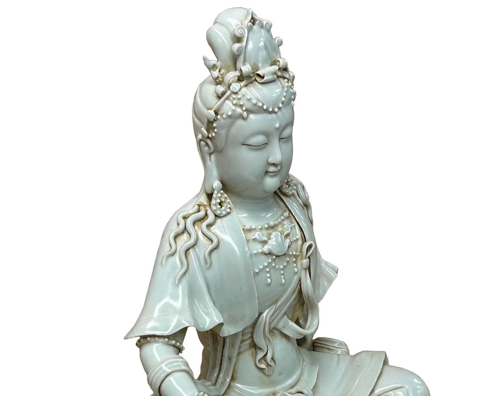 Chinese Handcrafted GuanYin Bodhisattva Tong Style Off White Porcelain Statue - 9