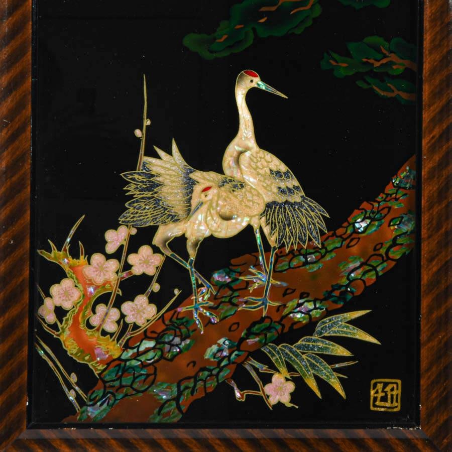 Framed Japanese Reverse Mixed Media on Glass Cranes - 2