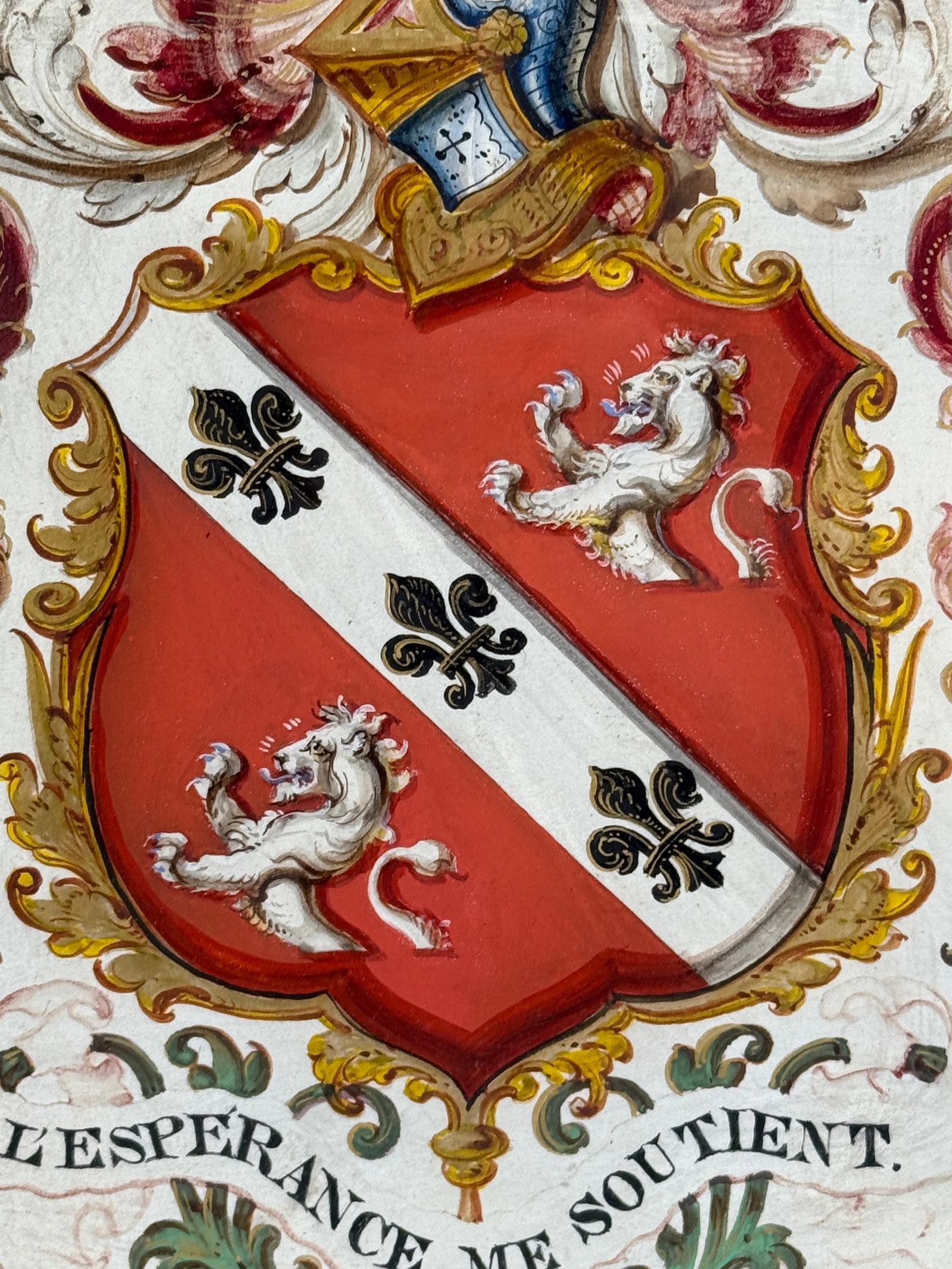 Heraldic Shield Painting on Vellum, Motto "L'Espérance Me Soutient," 19th C - 6