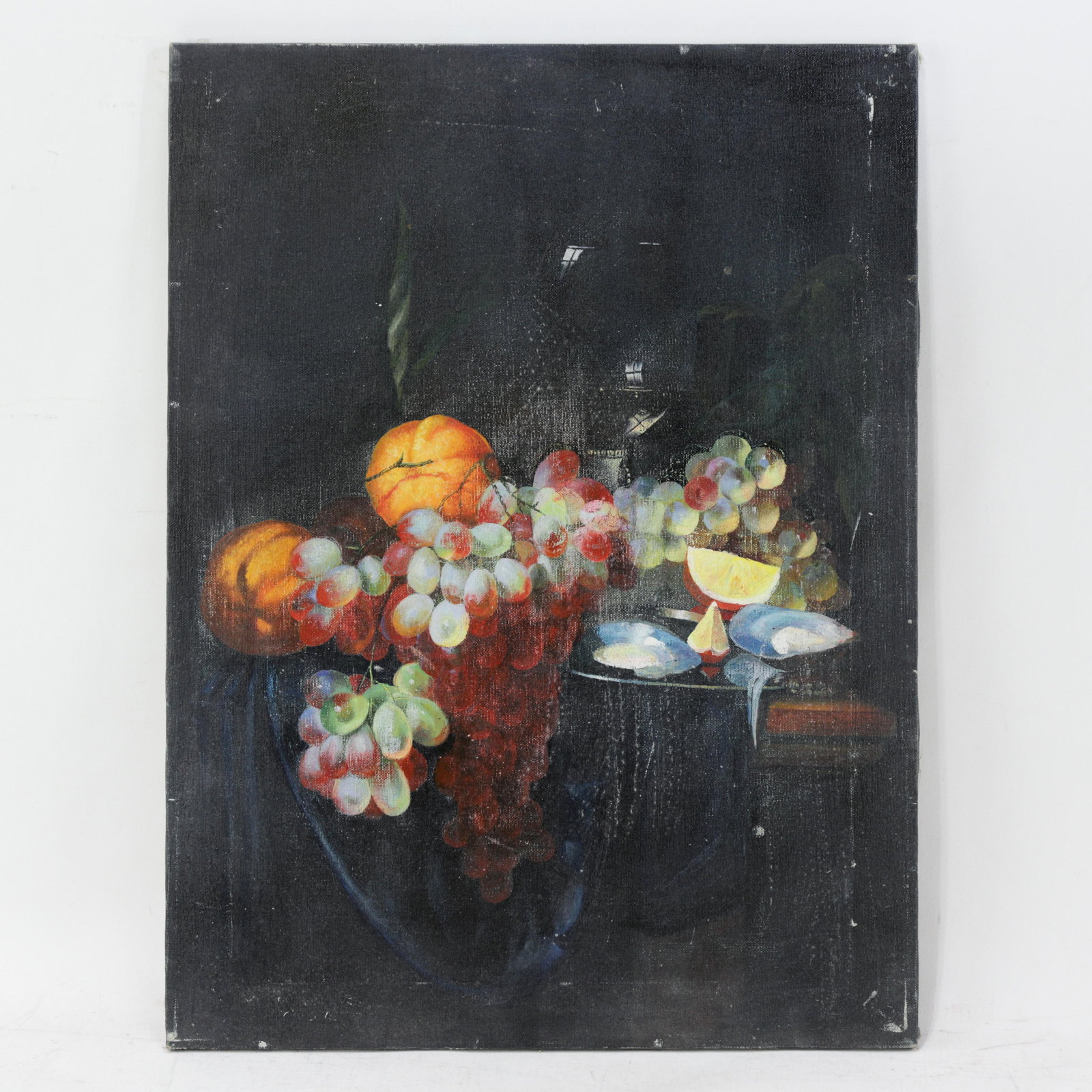 Vintage Dark Still Life Oil Painting of Grapes, Orange, and Shells - 12
