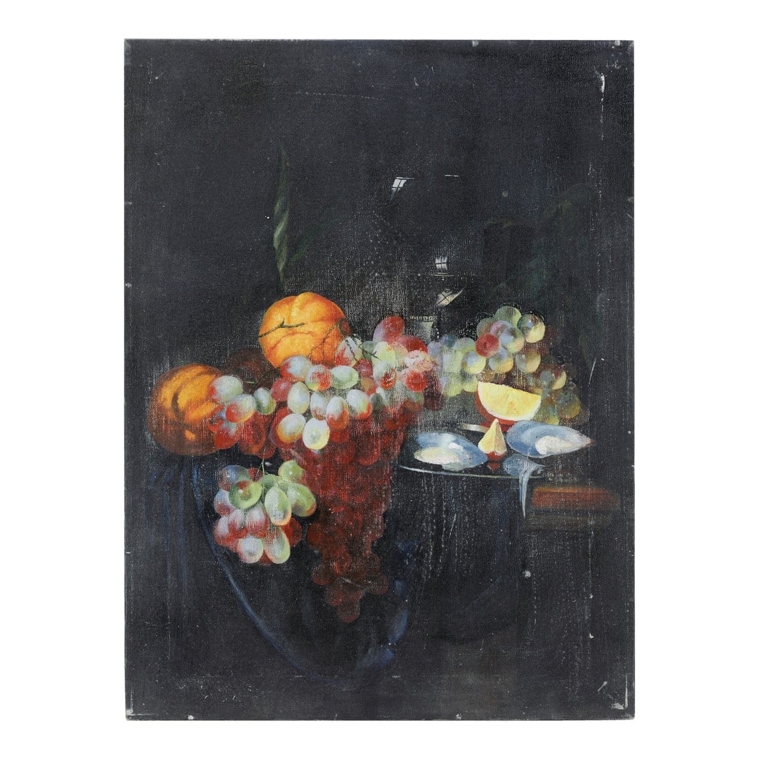 Vintage Dark Still Life Oil Painting of Grapes, Orange, and Shells: This small-scale vintage oil painting on board or canvas depicts a still life composition featuring luscious bunches of red and green grapes, a large orange, a sliced lemon, and several polished seash