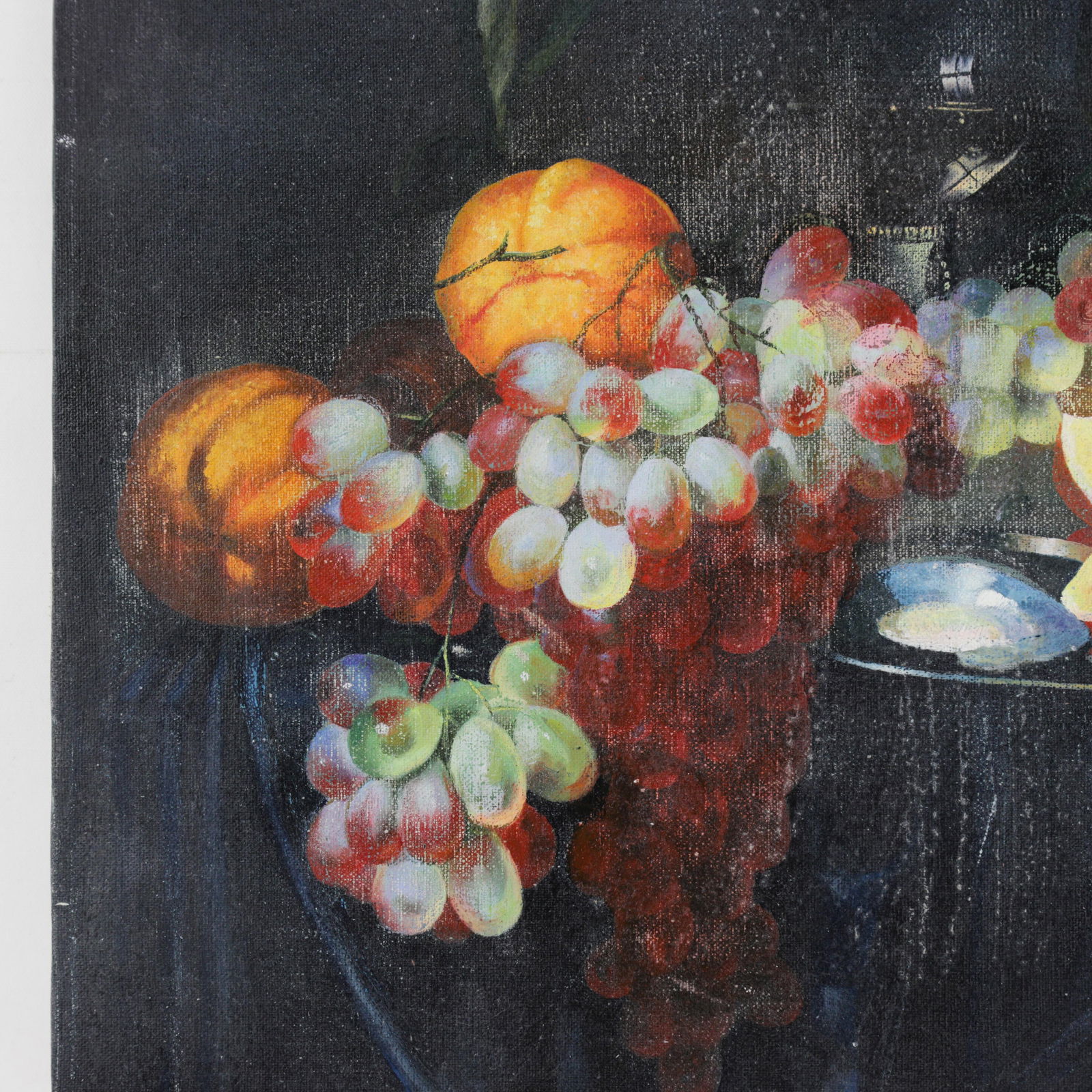 Vintage Dark Still Life Oil Painting of Grapes, Orange, and Shells - 2