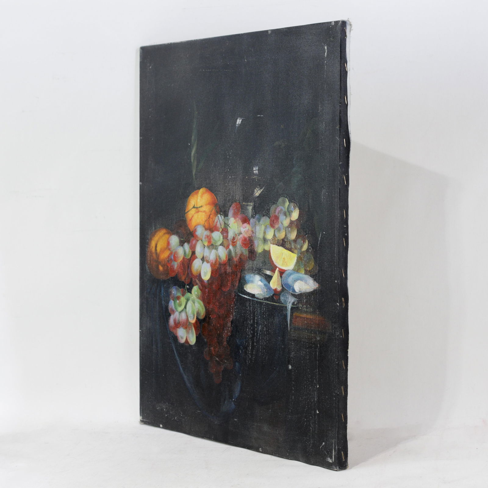 Vintage Dark Still Life Oil Painting of Grapes, Orange, and Shells - 7