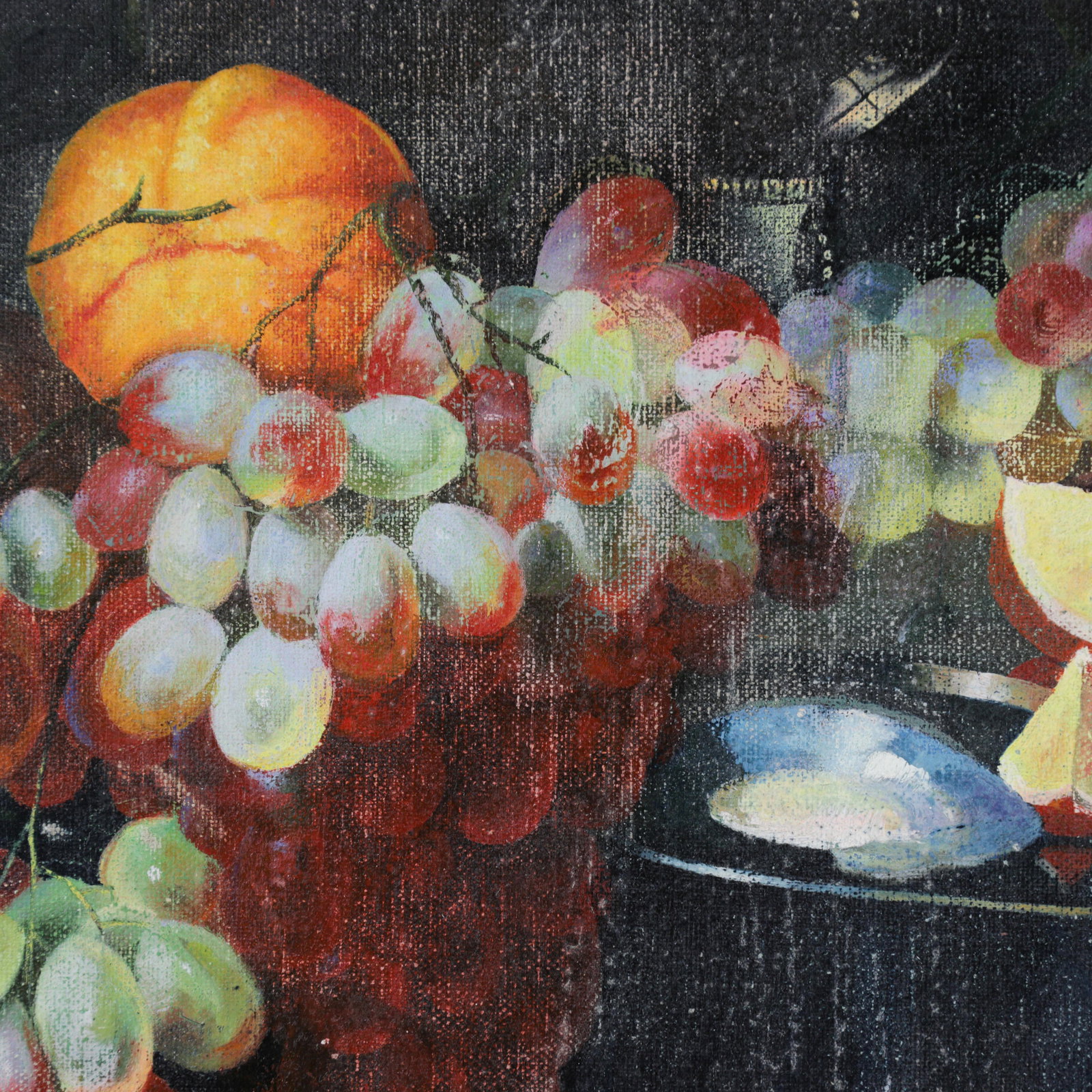 Vintage Dark Still Life Oil Painting of Grapes, Orange, and Shells - 9