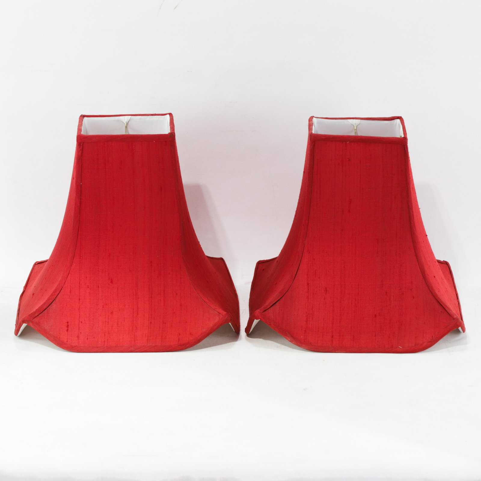 Pair of Vintage Red Textured Raw Silk Bell Lamp Shades With Brass-Toned Lining - 14