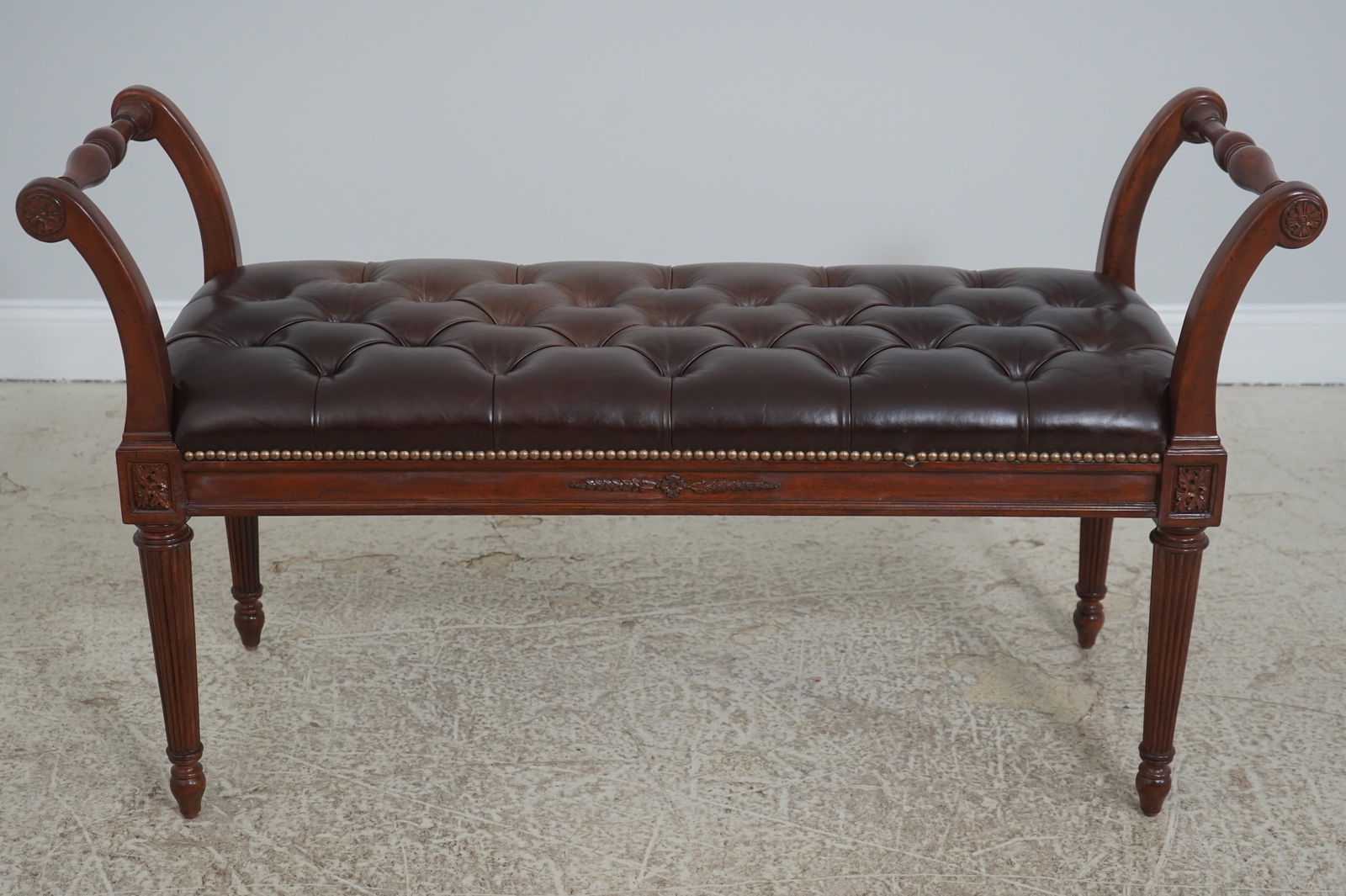 French Louis XVI Style Brown Leather Seat Bench - 2