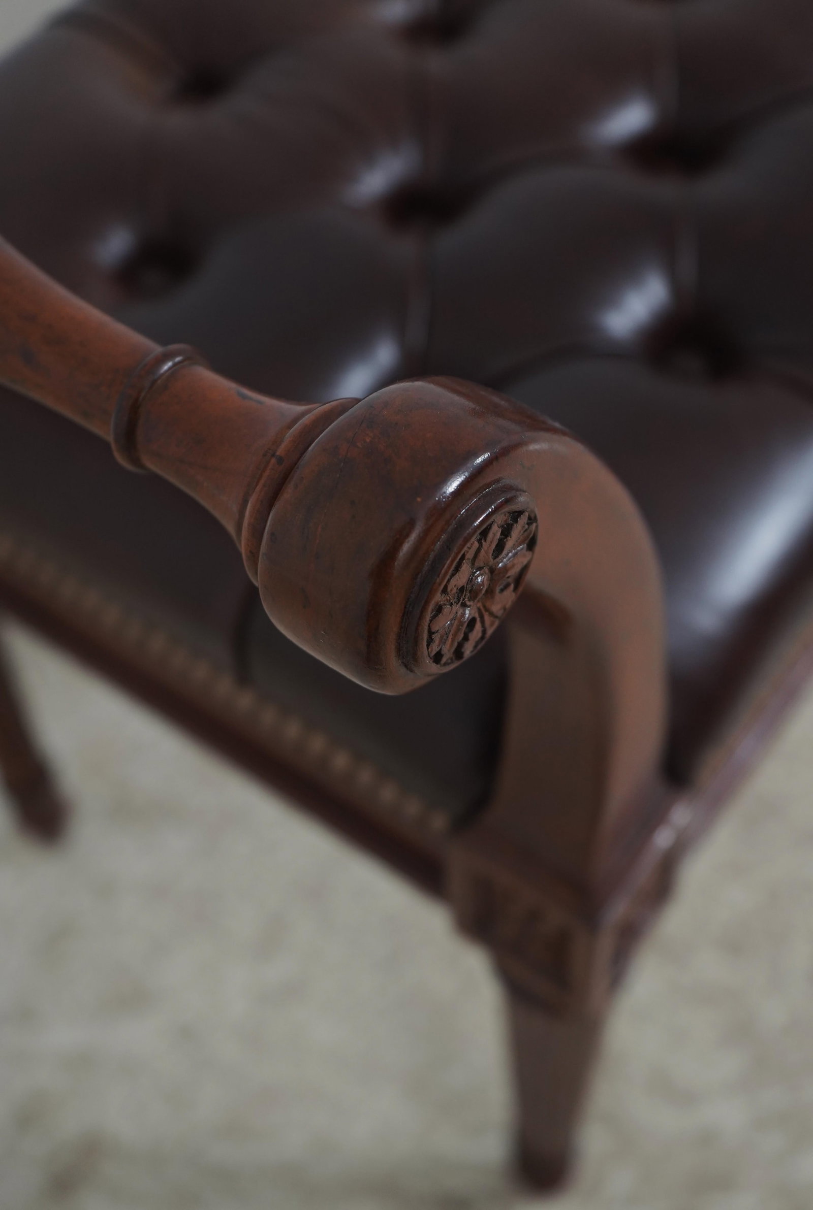 French Louis XVI Style Brown Leather Seat Bench - 5