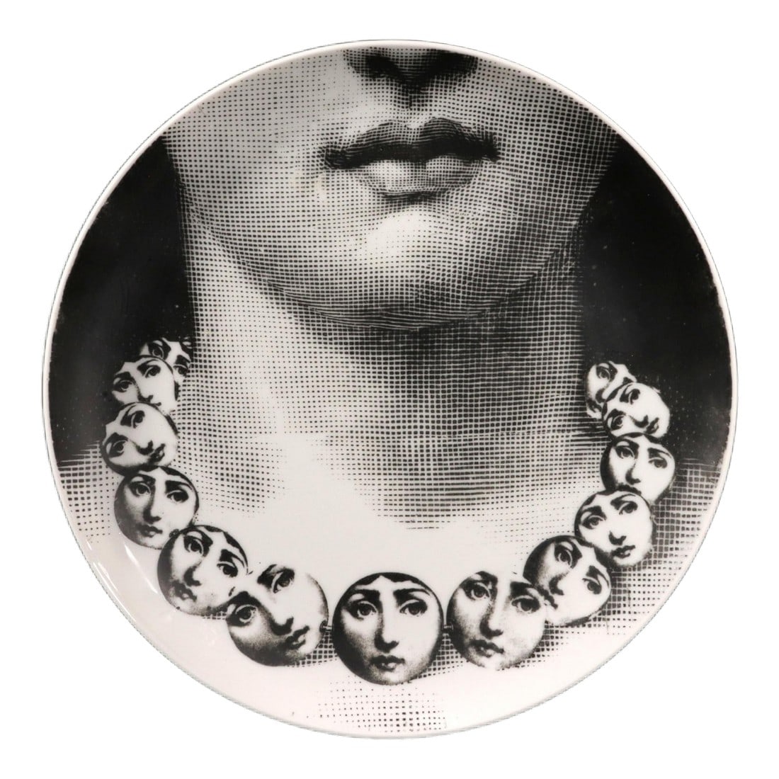 Piero Fornasetti Porcelain Themes & Variation Plate, Number 107: Adorned in Self: Fornasetti "Themes & Variations" Plate #107 (Necklace of Faces) 1960s-Early 70s. A surreal and visually layered porcelain wall plate from the celebrated "Themes & Variations" (Tema e