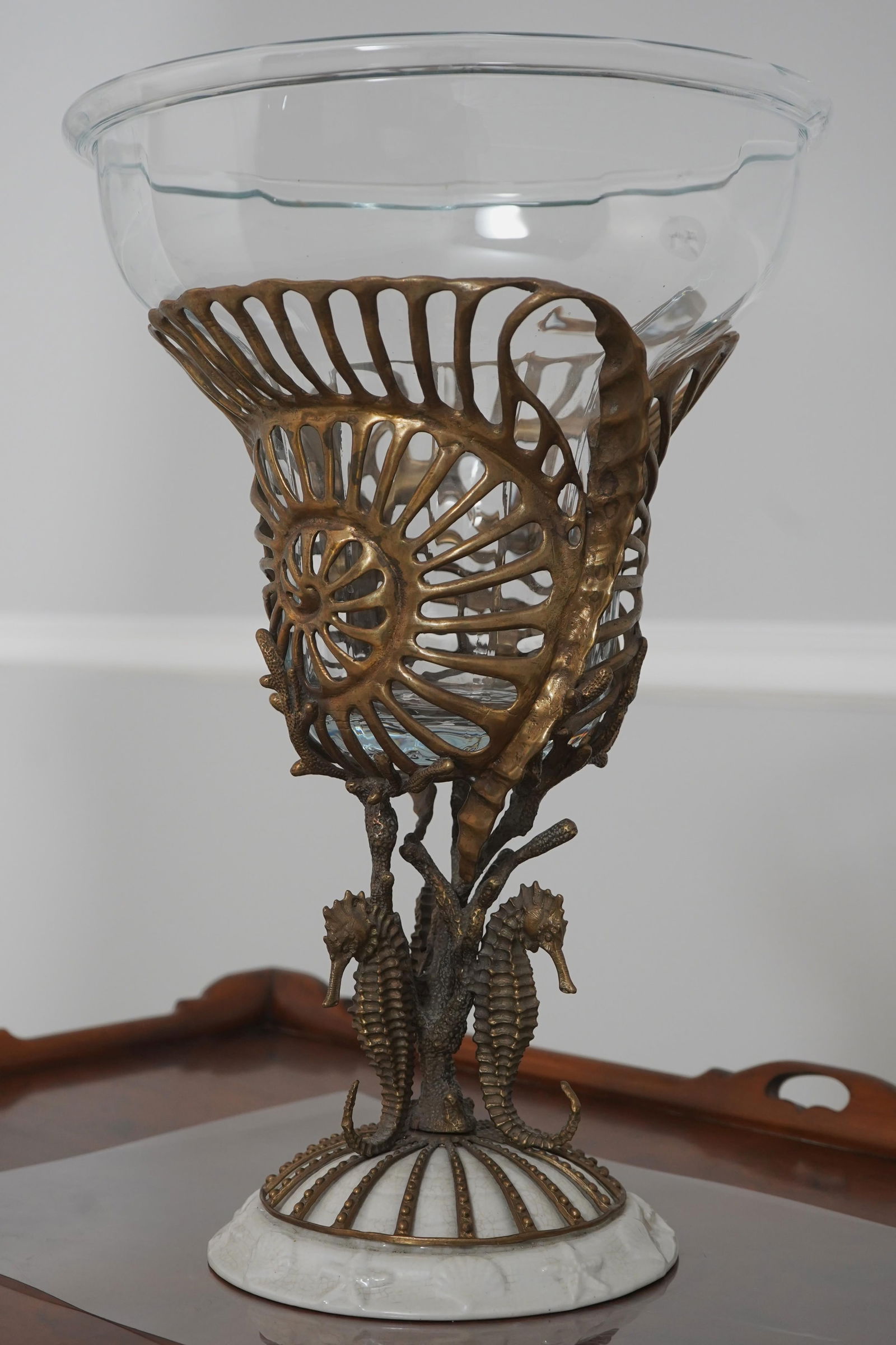 1990s Castilian Bronze & Porcelain Seahorse Design Center Piece - 2