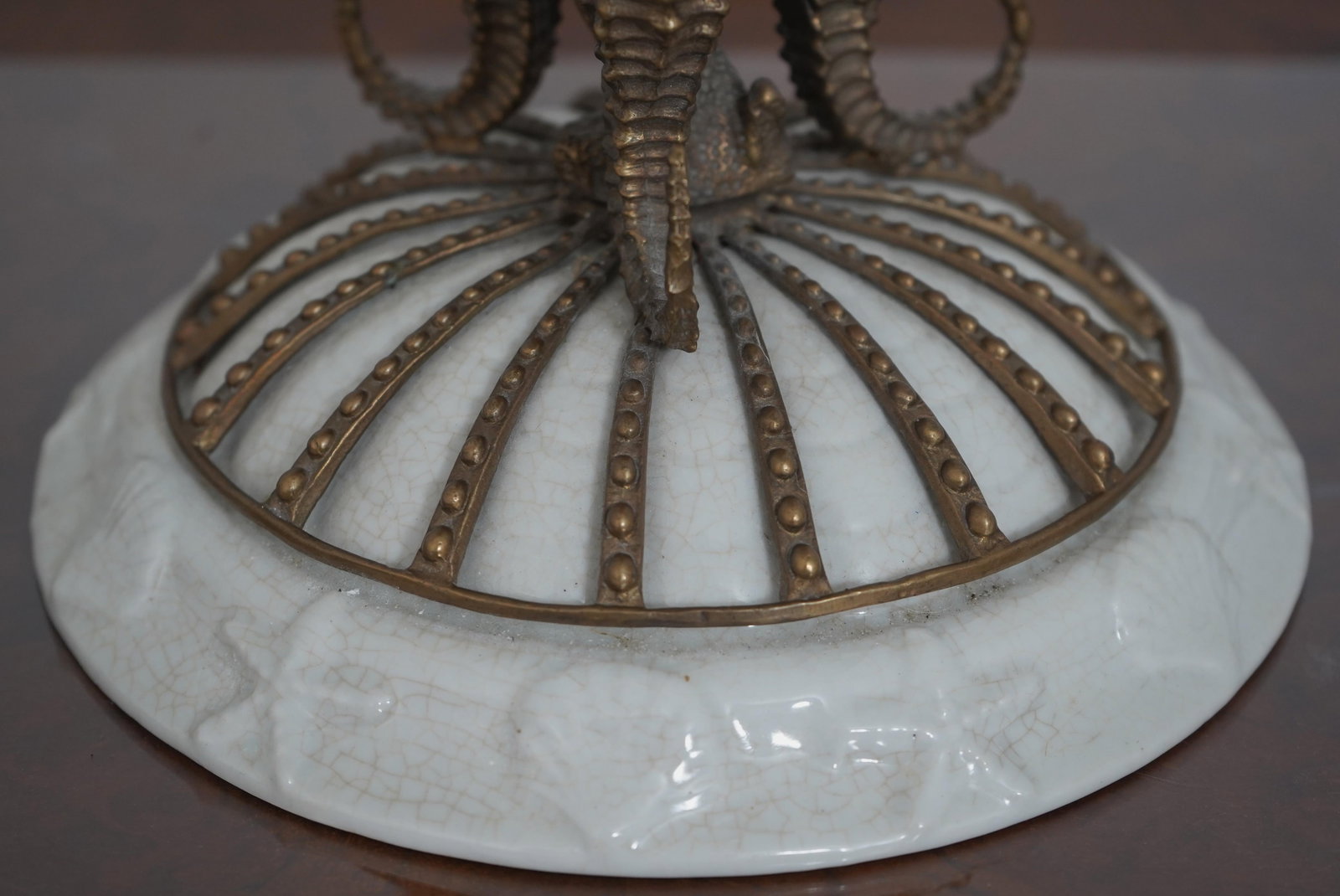 1990s Castilian Bronze & Porcelain Seahorse Design Center Piece - 6