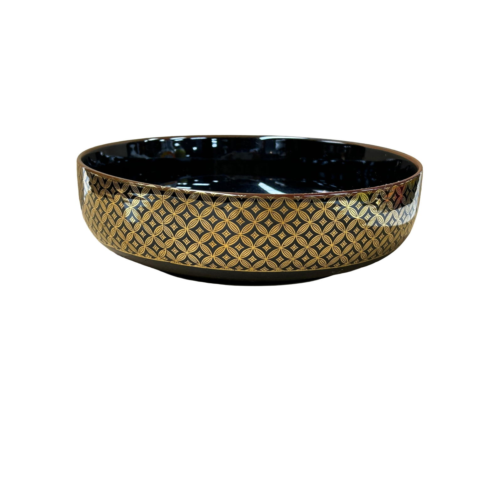 9" Oriental Black Glaze Porcelain Flat Bowl Golden Flower Graphic - 2