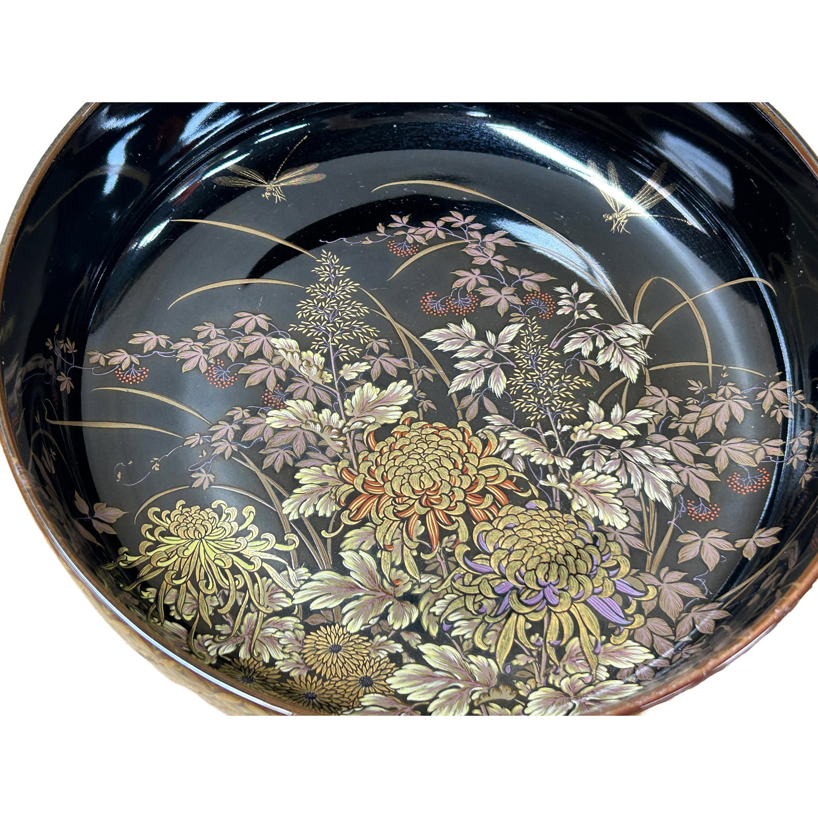 9" Oriental Black Glaze Porcelain Flat Bowl Golden Flower Graphic - 5