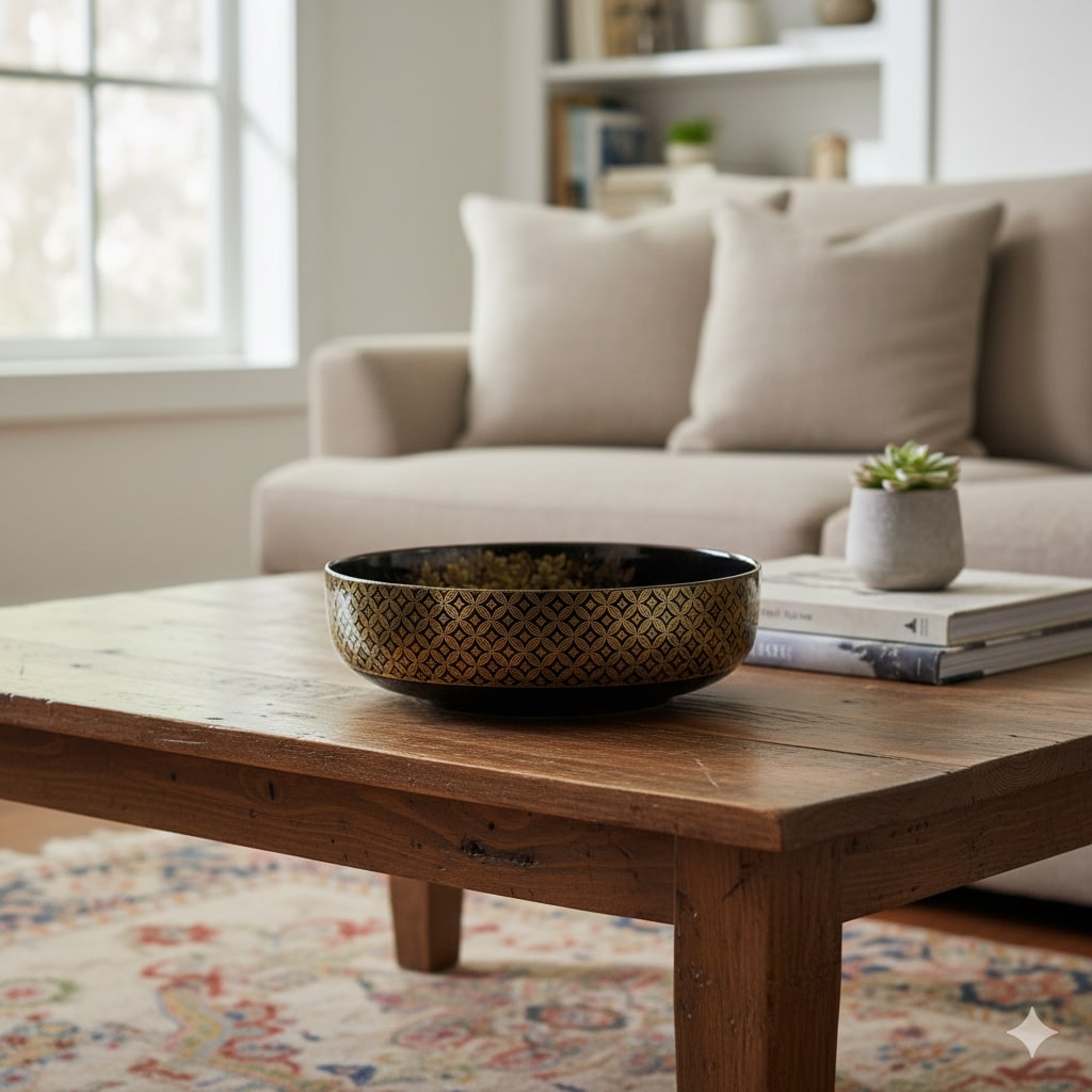9" Oriental Black Glaze Porcelain Flat Bowl Golden Flower Graphic - 6