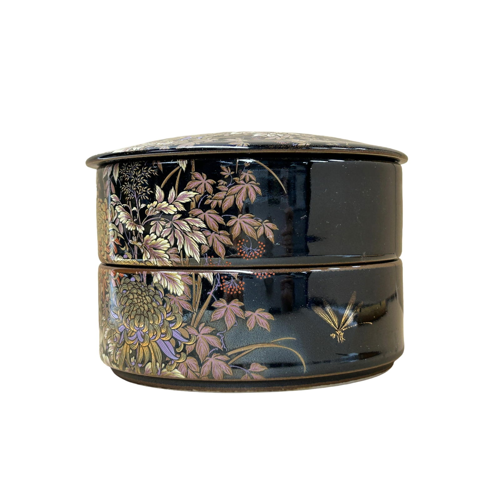 5" Oriental Black Glaze Porcelain Stack Round Box Golden Flower Graphic - 2