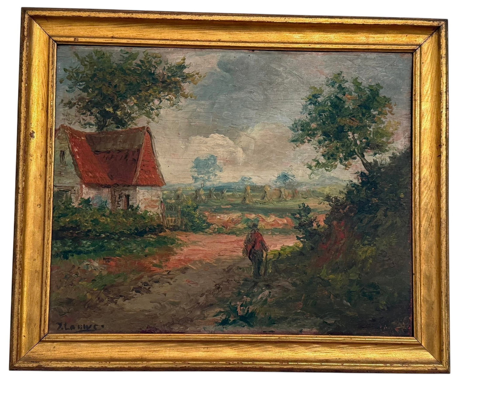Late 19th Century Gold Framed French Impressionist Oil on Board "Countryside Stroll" Artist Sign - 3