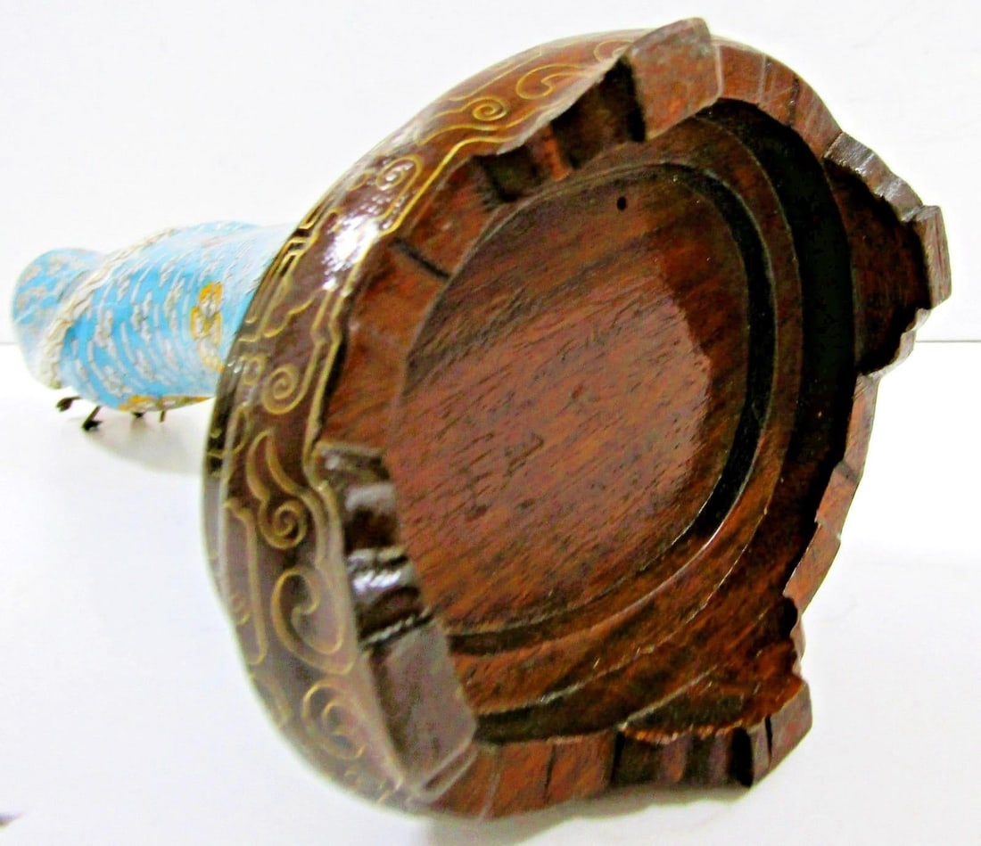 Antique Asian Blue Cloisonne Figurine Holding Brass Vase With Lotus Wood Base - 16