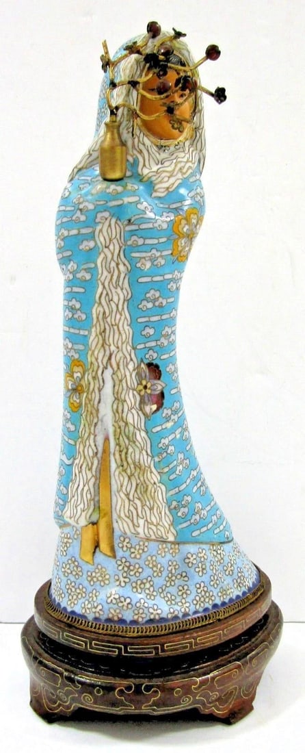 Antique Asian Blue Cloisonne Figurine Holding Brass Vase With Lotus Wood Base - 2