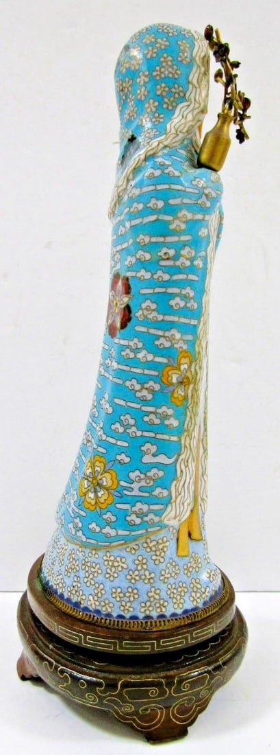Antique Asian Blue Cloisonne Figurine Holding Brass Vase With Lotus Wood Base - 4