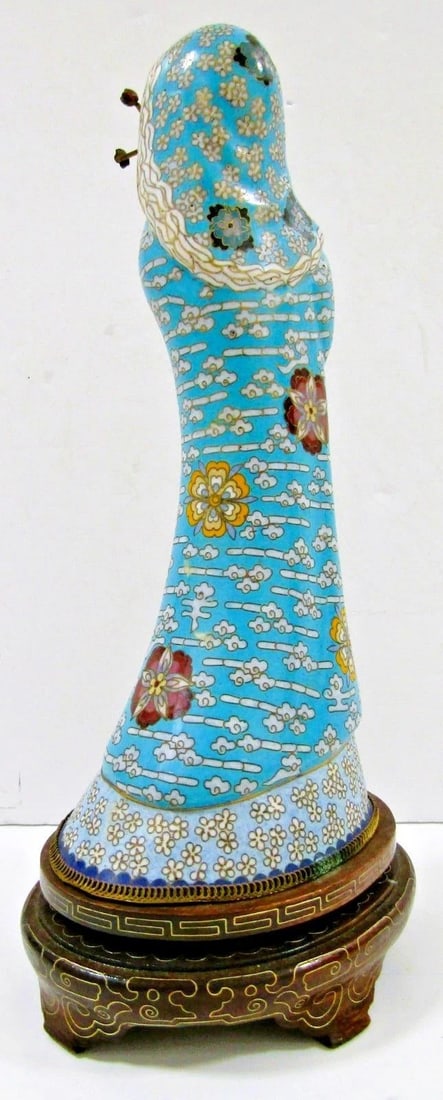 Antique Asian Blue Cloisonne Figurine Holding Brass Vase With Lotus Wood Base - 7