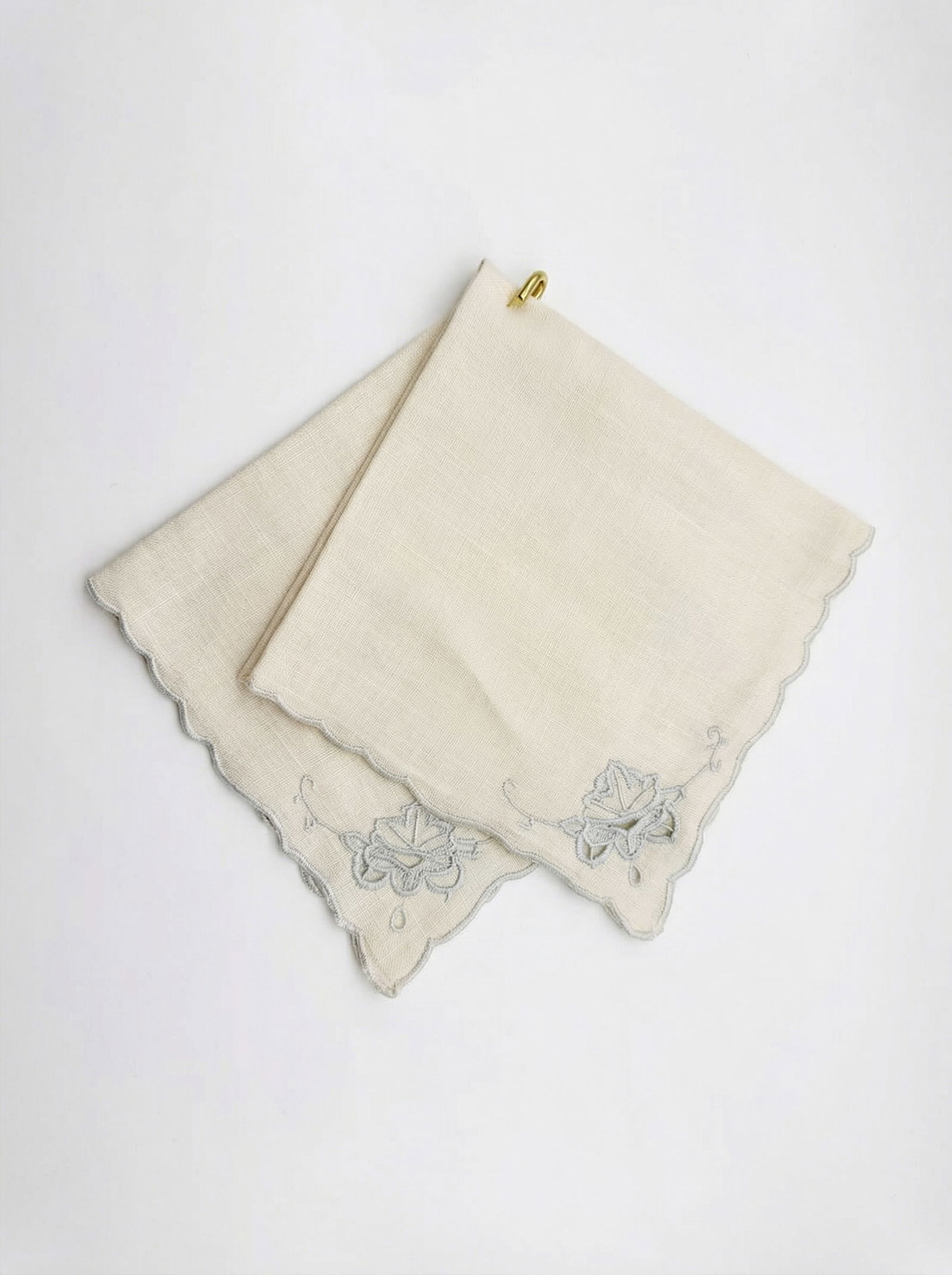 Antique Linen-Silk Cocktail Napkins With French Blue Embroidery – Set of 2 - 2