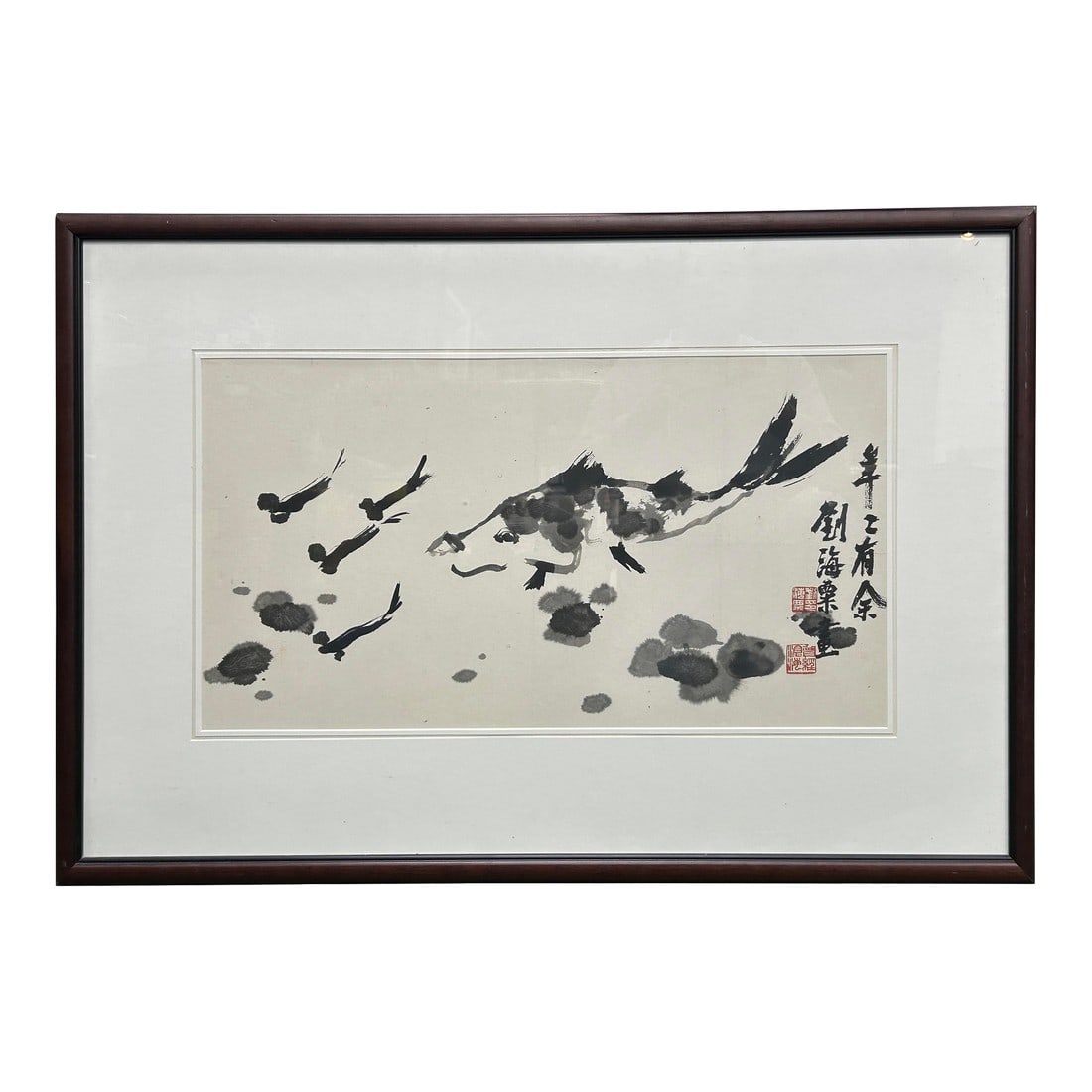 Oriental Thumb Ink Paint Koi Fishes Horizontal Wood Framed Art (1 of 10)