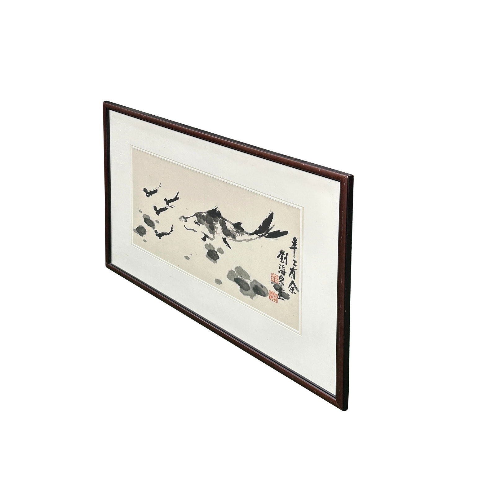 Oriental Thumb Ink Paint Koi Fishes Horizontal Wood Framed Art - 2