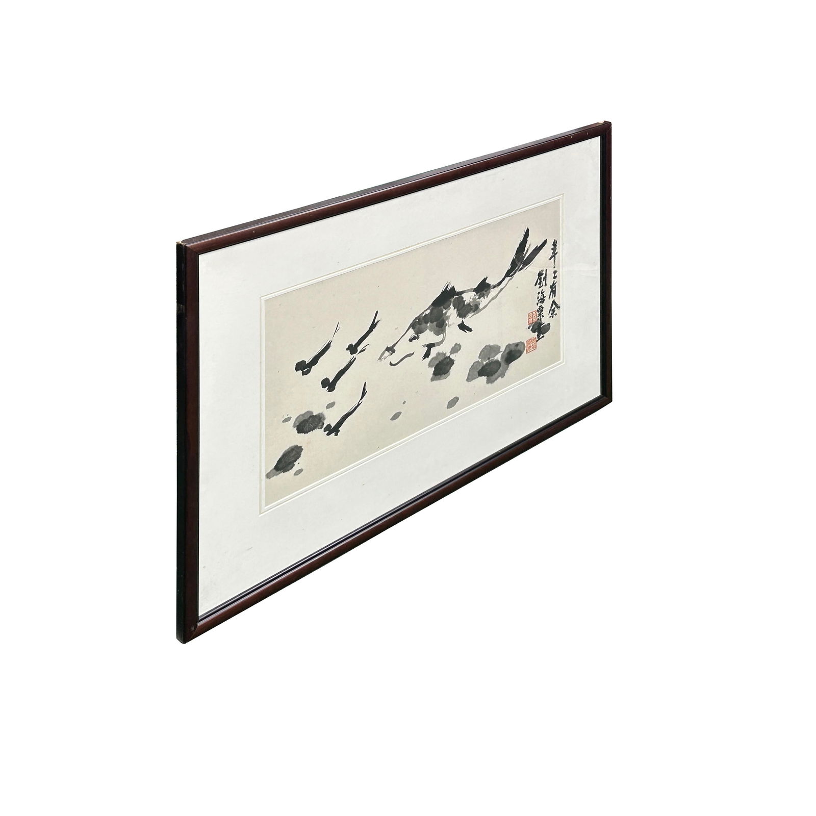 Oriental Thumb Ink Paint Koi Fishes Horizontal Wood Framed Art - 7