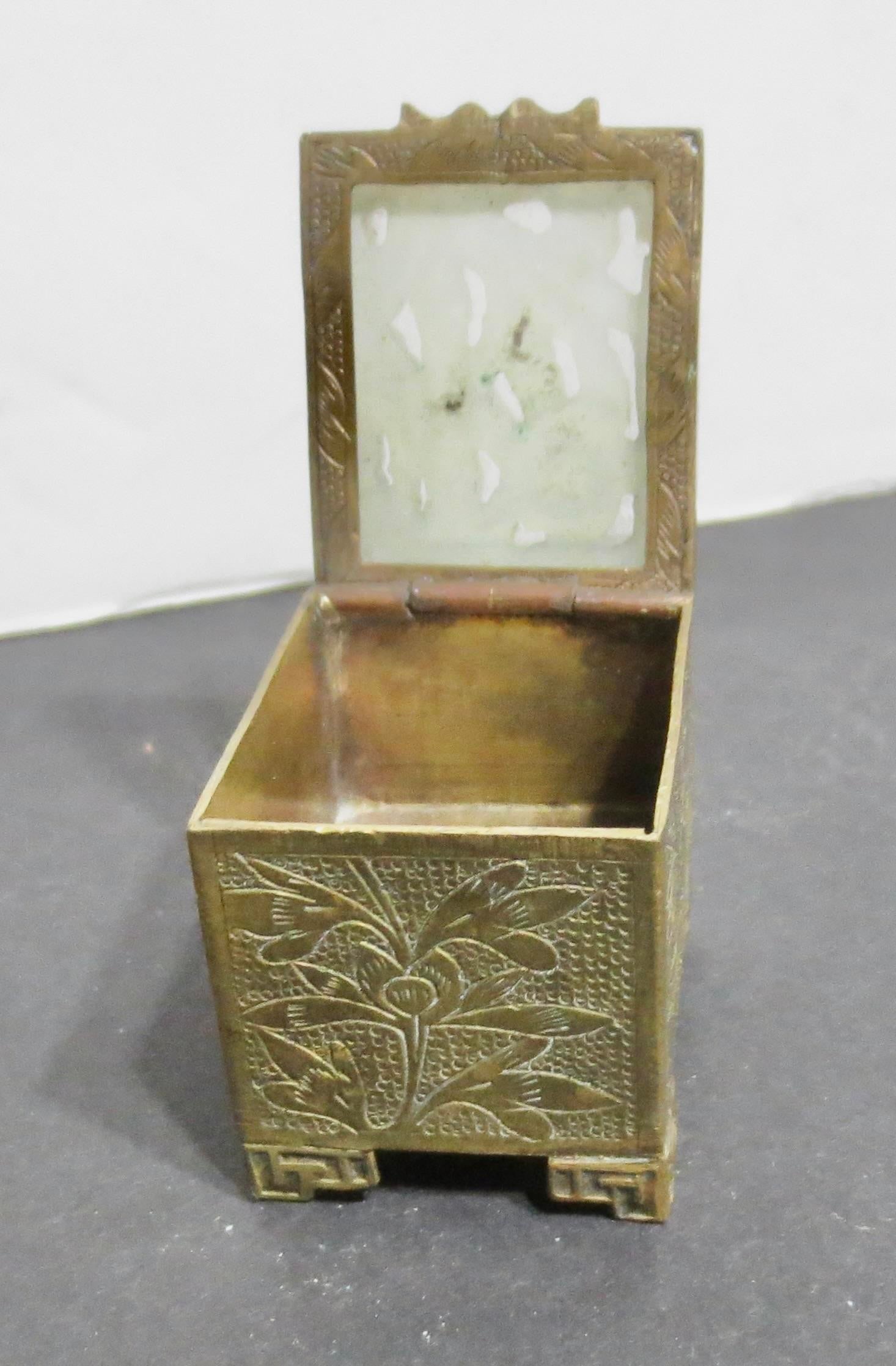Antique Chinese Brass and Jade Stamp Box 20s - 2