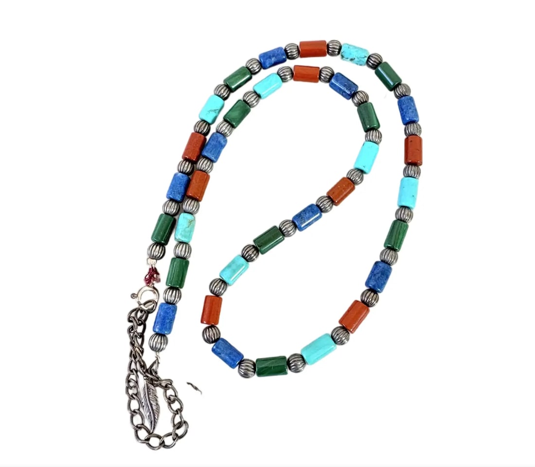 Vintage Sterling Silver, Turquoise, Lapis, Malachite and Carnelian Beaded Necklace - 4