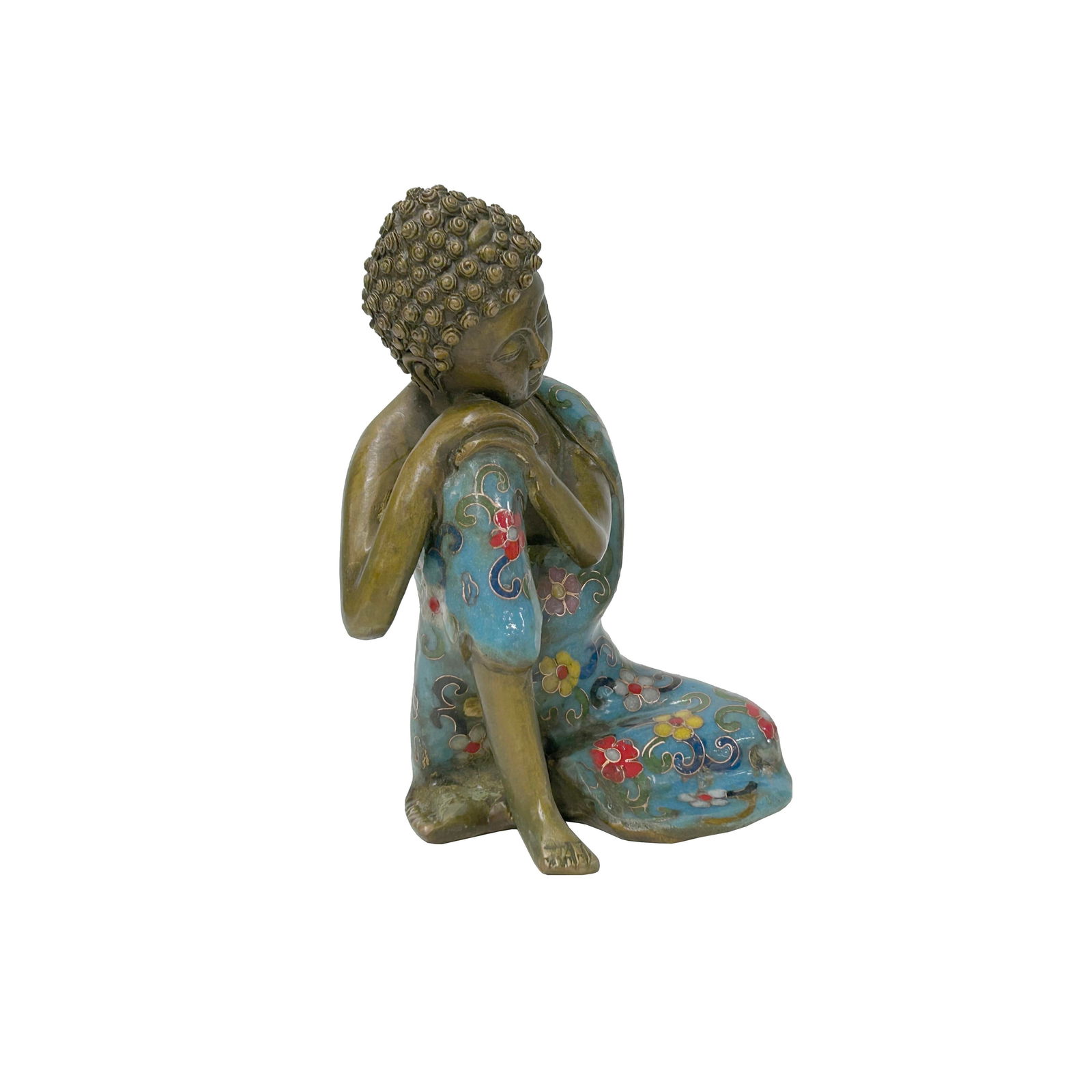 Vintage Cloisonne Enamel Lotus Resting Buddha Metal Statue - 2