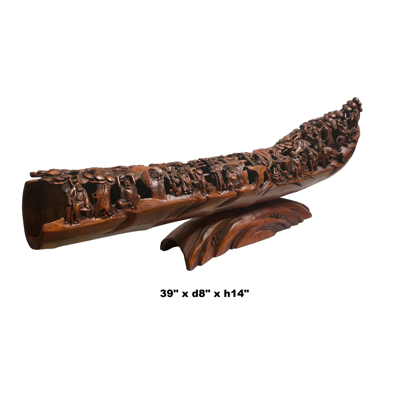 Chinese Bamboo Carved Curved Boat Shape 18 Lohons Display Art - 5