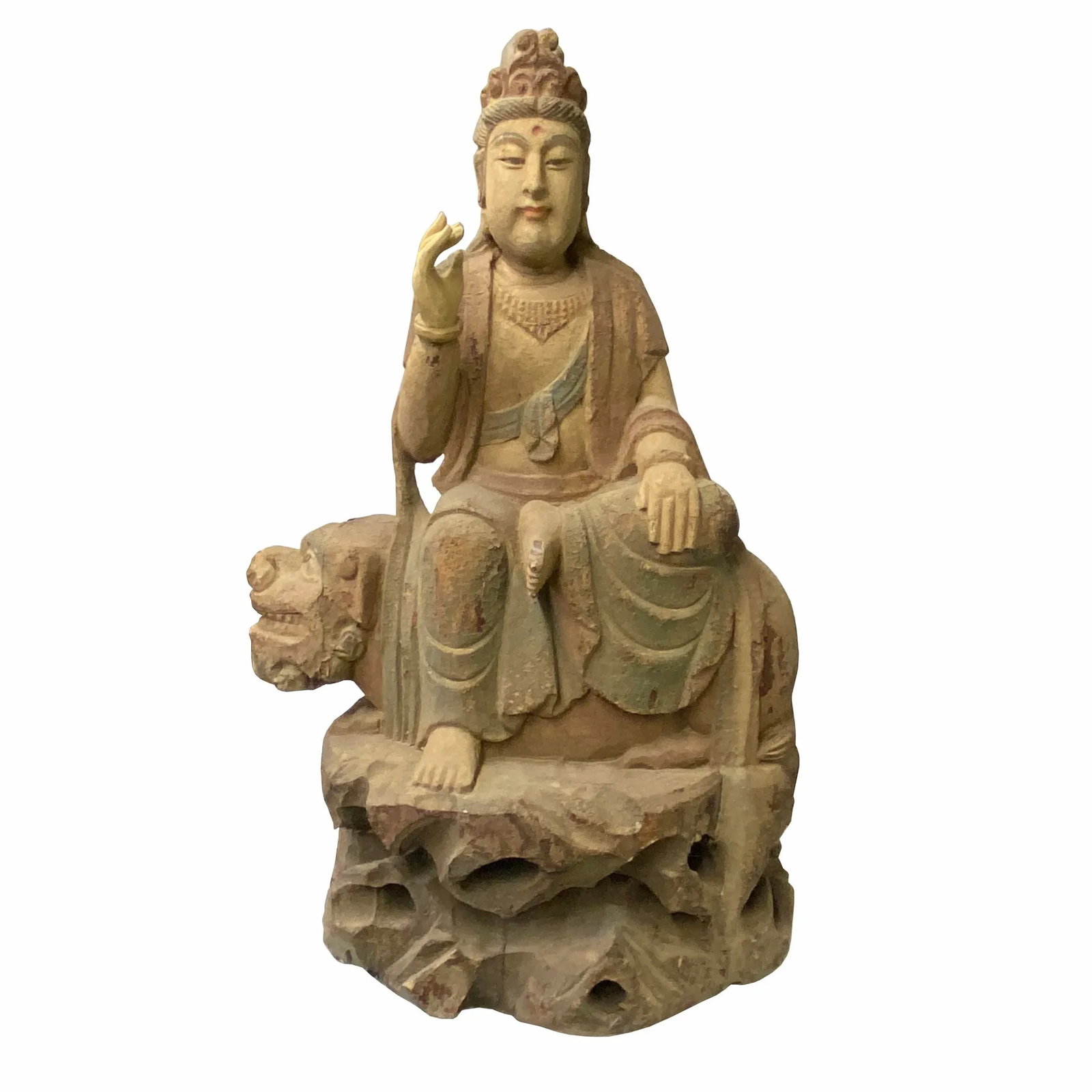 Chinese Rustic Wood Sitting Guan Yin on Lion Manjushri Statue - 6