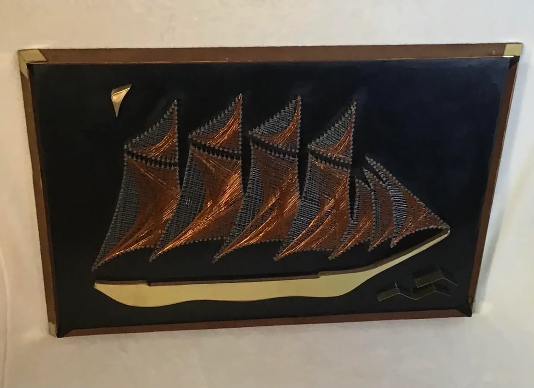 1960s Large Vintage Framed Sculptural Copper Wire Nail Art With Brass Appliques - 2