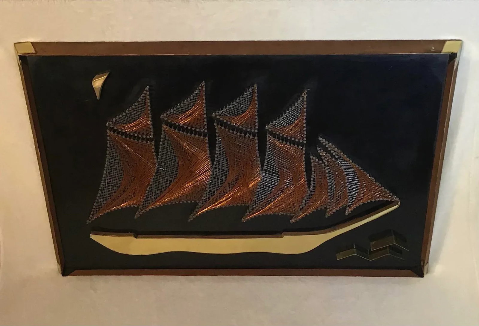 1960s Large Vintage Framed Sculptural Copper Wire Nail Art With Brass Appliques - 3